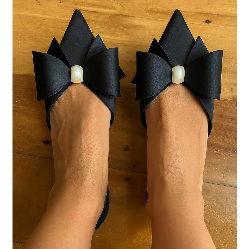 ZARA Black Satin Bow Pearl Slingback Heels NWT Pointed Toe Size 6.5